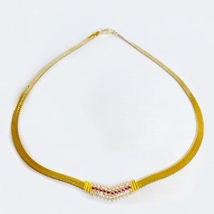 FANCY White and Red Crystal Stones 10K Yellow Gold Plated Snake Chain Necklace